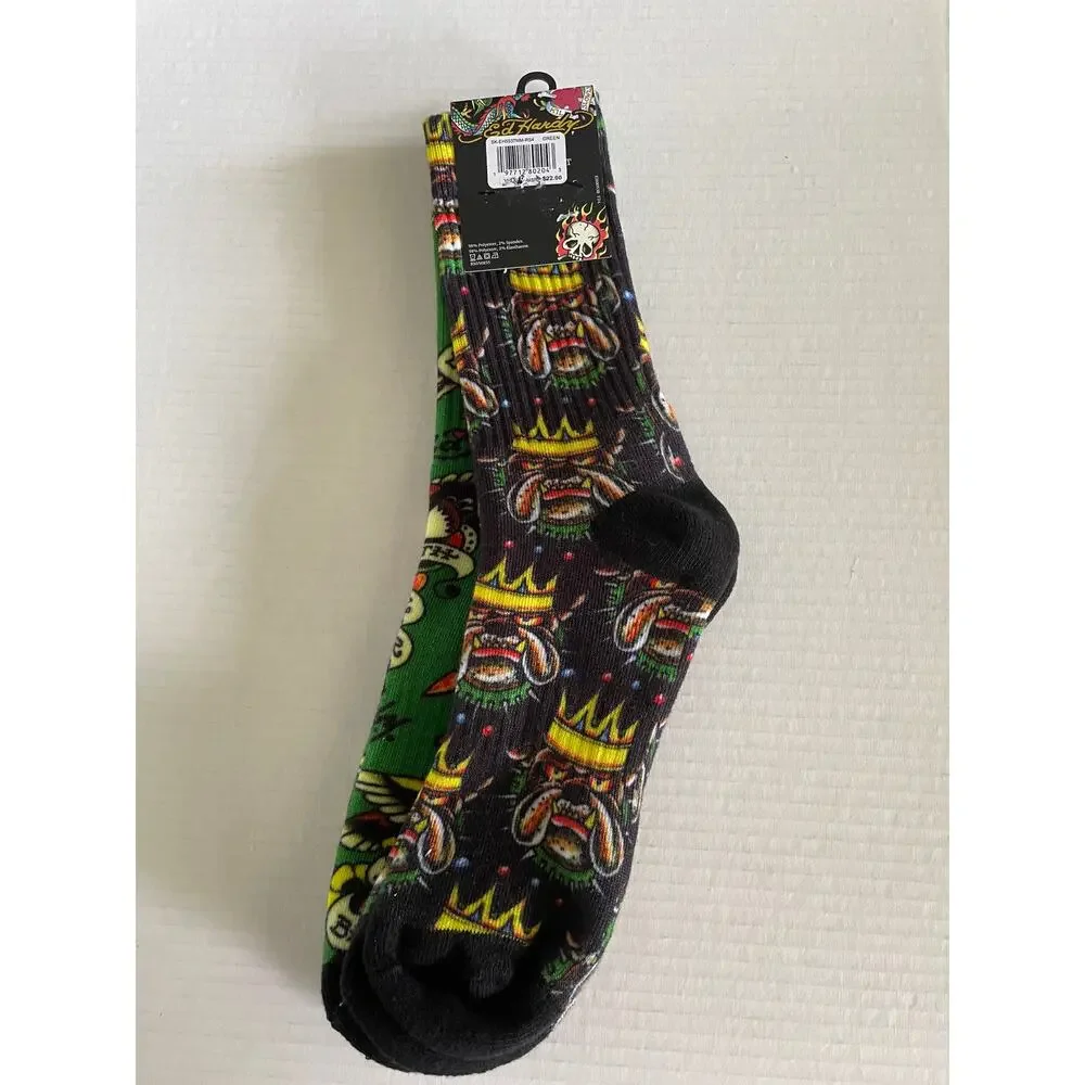 ADULT ED HARDY 2 PAIR BLACK GREEN CREW SOCKS NEW